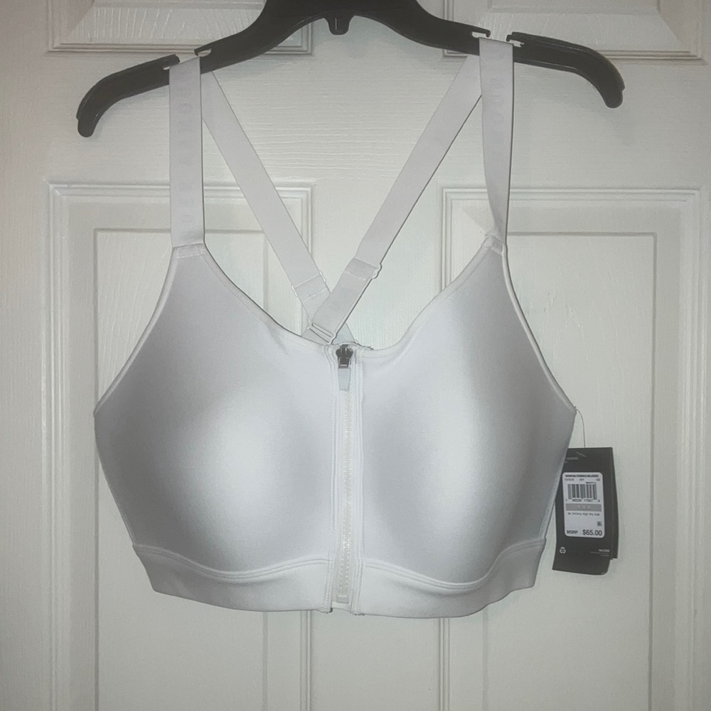 Women's High Support White Zip-Front Cross Back Plus Size Sports Bra